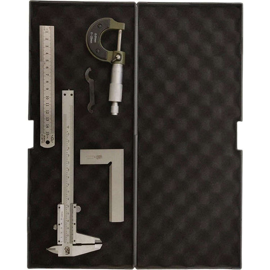4 Parça Kumpas + Mikrometre + Cetvel + Gönye Seti