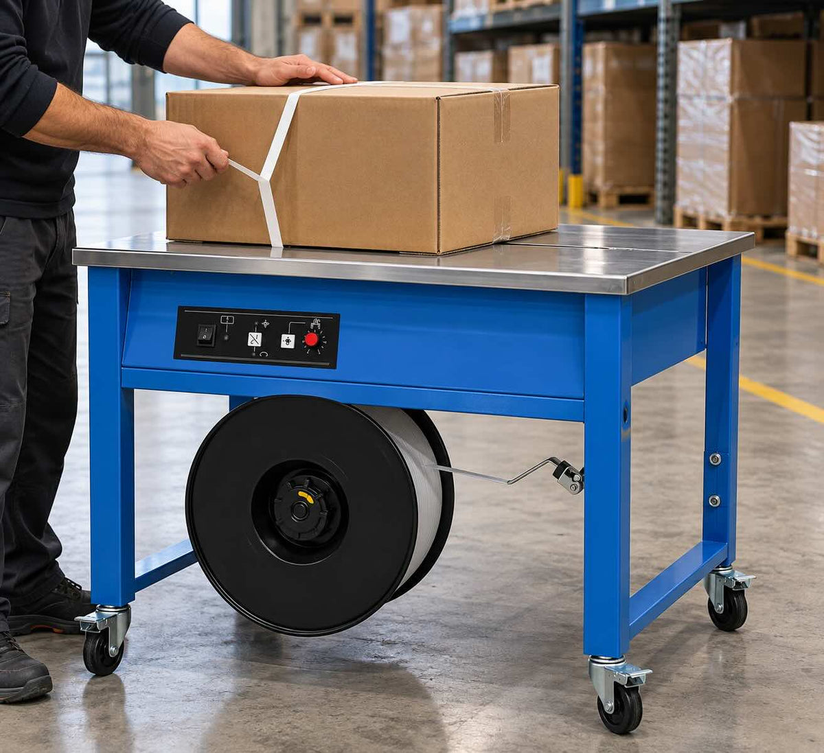 Depoda koli bağlayan masa tipi yarı otomatik çember makinesi
