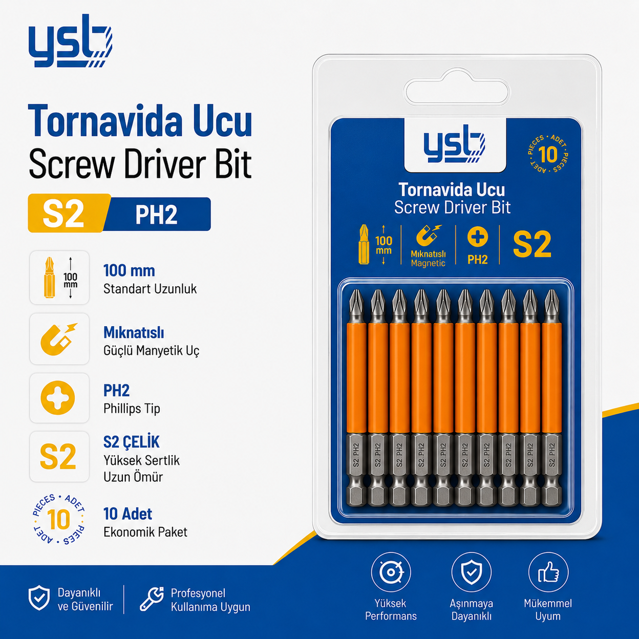 YSB Mıknatıslı Ph2 Yıldız Bits Uç 100 mm S2 Çelik Tornavida ve Vidalama Ucu 10'lu Paket