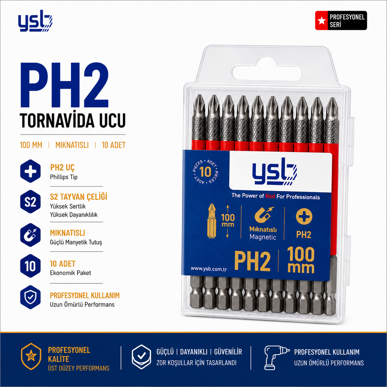 YSB Mıknatıslı Ph2 Yıldız Bits Uç 100 mm Tayvan Pro S2 Çelik Tornavida ve Vidalama Ucu 10'lu Paket