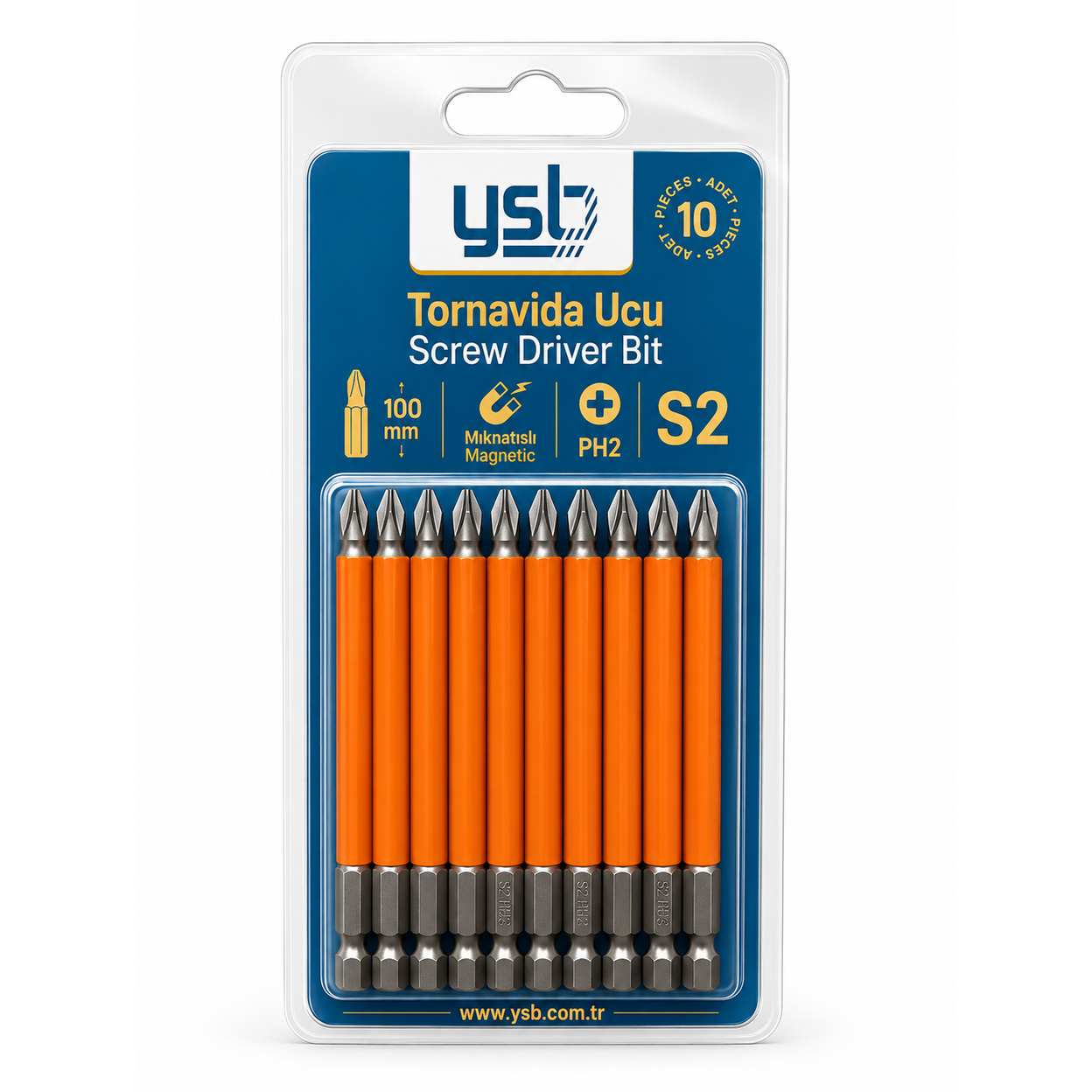 YSB Mıknatıslı Ph2 Yıldız Bits Uç 100 mm S2 Çelik Tornavida ve Vidalama Ucu 10'lu Paket