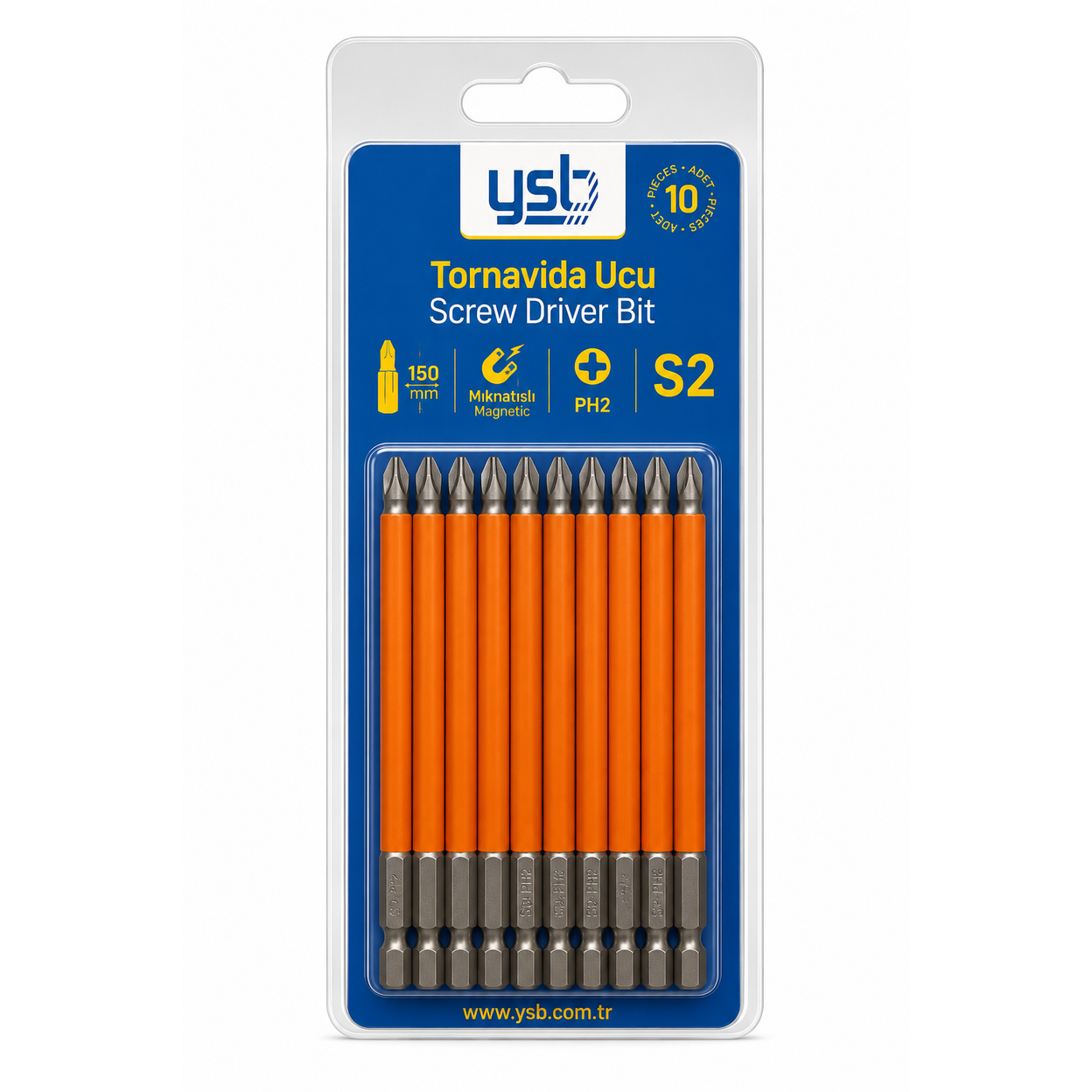YSB Mıknatıslı Ph2 Yıldız Bits Uç 150 mm S2 Çelik Tornavida ve Vidalama Ucu 10'lu Paket