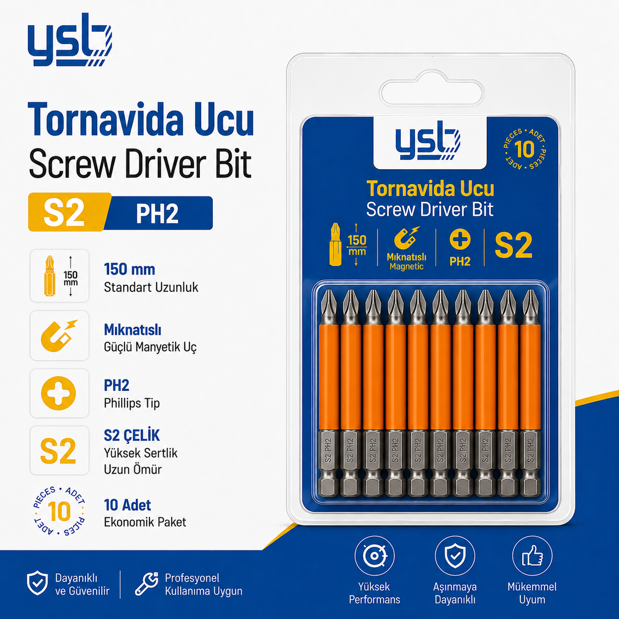 YSB Mıknatıslı Ph2 Yıldız Bits Uç 150 mm S2 Çelik Tornavida ve Vidalama Ucu 10'lu Paket