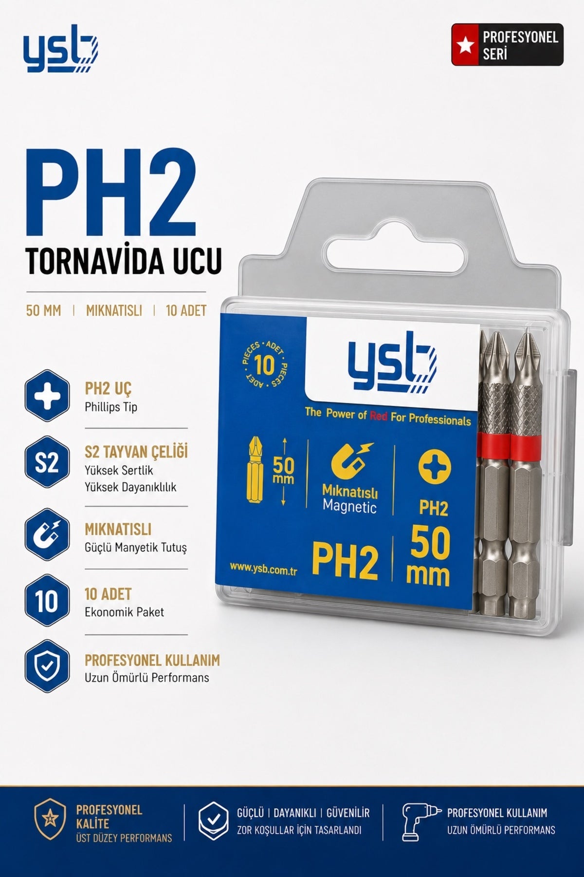 YSB Mıknatıslı Ph2 Yıldız Bits Uç 50 mm Tayvan Pro S2 Çelik Tornavida ve Vidalama Ucu 10'lu Paket