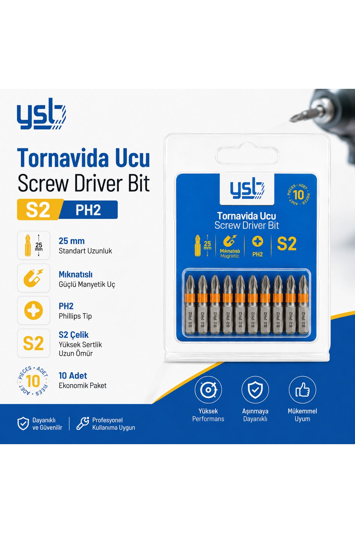 YSB Mıknatıslı Ph2 Yıldız Bits Uç 25 mm S2 Çelik Tornavida ve Vidalama Ucu 10'lu Paket