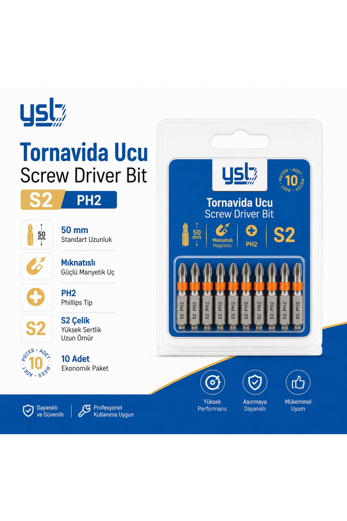 YSB Mıknatıslı Ph2 Yıldız Bits Uç 50 mm S2 Çelik Tornavida ve Vidalama Ucu 10'lu Paket