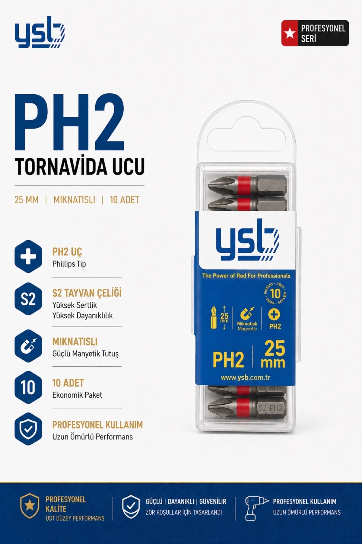 YSB Mıknatıslı Ph2 Yıldız Bits Uç 25 mm Tayvan Pro S2 Çelik Tornavida ve Vidalama Ucu 10'lu Paket