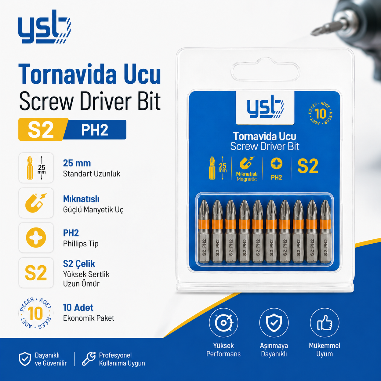 YSB Mıknatıslı Ph2 Yıldız Bits Uç 25 mm S2 Çelik Tornavida ve Vidalama Ucu 10'lu Paket