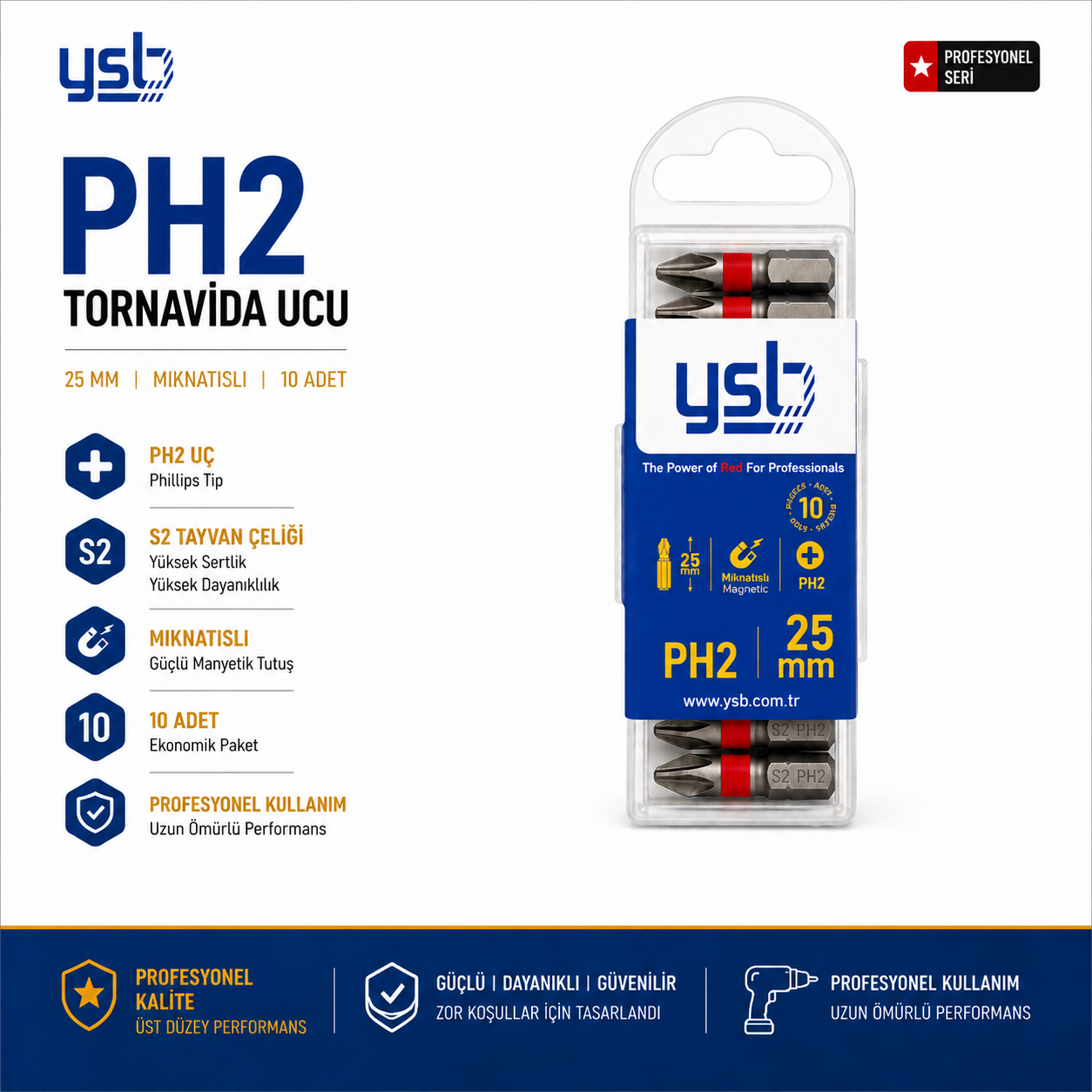YSB Mıknatıslı Ph2 Yıldız Bits Uç 25 mm Tayvan Pro S2 Çelik Tornavida ve Vidalama Ucu 10'lu Paket