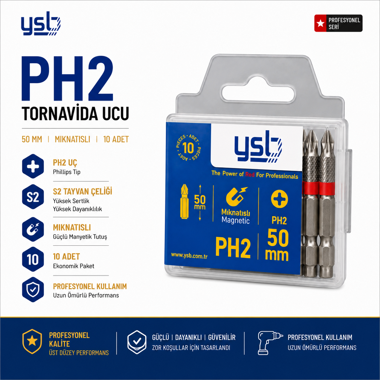 YSB Mıknatıslı Ph2 Yıldız Bits Uç 50 mm Tayvan Pro S2 Çelik Tornavida ve Vidalama Ucu 10'lu Paket