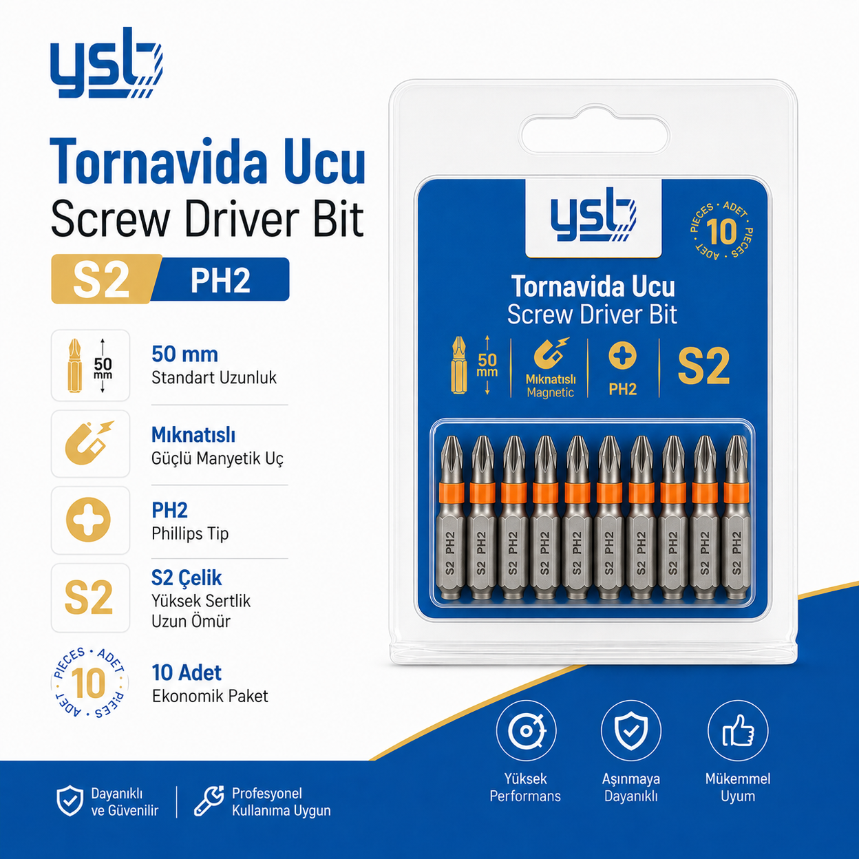 YSB Mıknatıslı Ph2 Yıldız Bits Uç 50 mm S2 Çelik Tornavida ve Vidalama Ucu 10'lu Paket