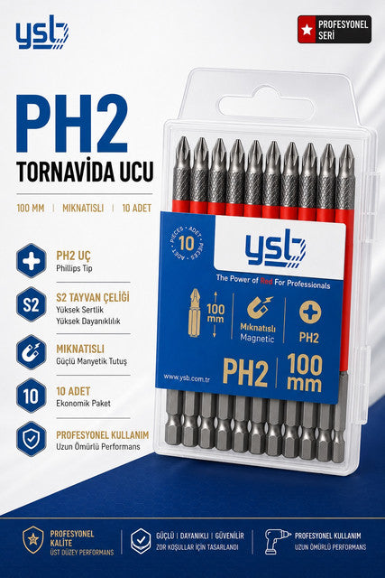 YSB Mıknatıslı Ph2 Yıldız Bits Uç 100 mm Tayvan Pro S2 Çelik Tornavida ve Vidalama Ucu 10'lu Paket
