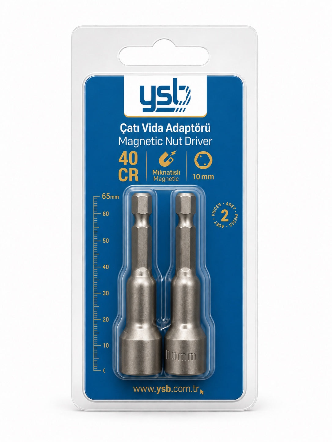 YSB 10 mm Manyetik Çatı Vida Adaptörü Lokma Uç 65 mm CRV Çelik 2'li Paket