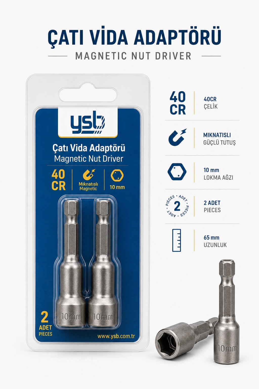 YSB 10 mm Manyetik Çatı Vida Adaptörü Lokma Uç 65 mm CRV Çelik 2'li Paket