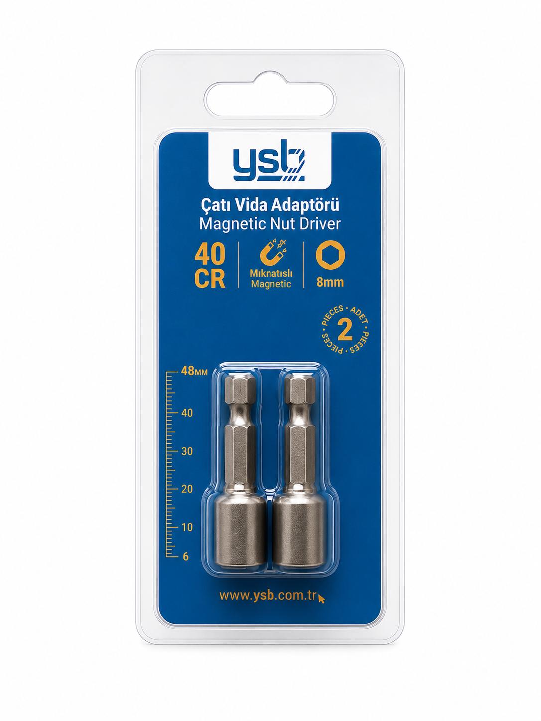 YSB 8 mm Manyetik Çatı Vida Adaptörü Lokma Uç 48 mm CRV Çelik 2'li Paket