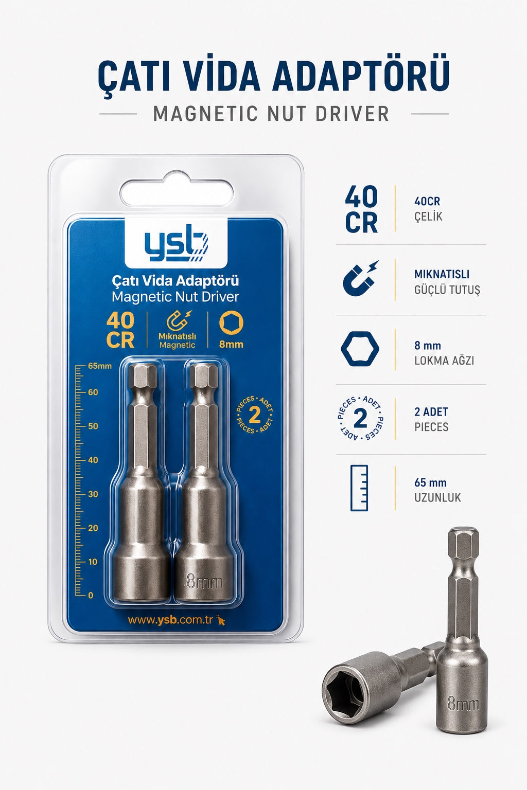 YSB 8 mm Manyetik Çatı Vida Adaptörü Lokma Uç 65 mm CRV Çelik 2'li Paket