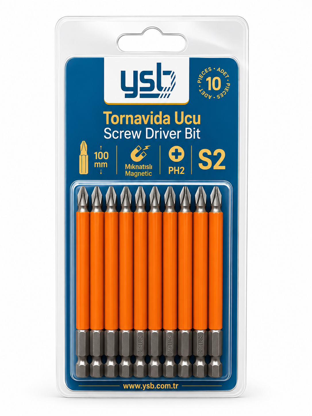 YSB Mıknatıslı Ph2 Yıldız Bits Uç 100 mm S2 Çelik Tornavida ve Vidalama Ucu 10'lu Paket