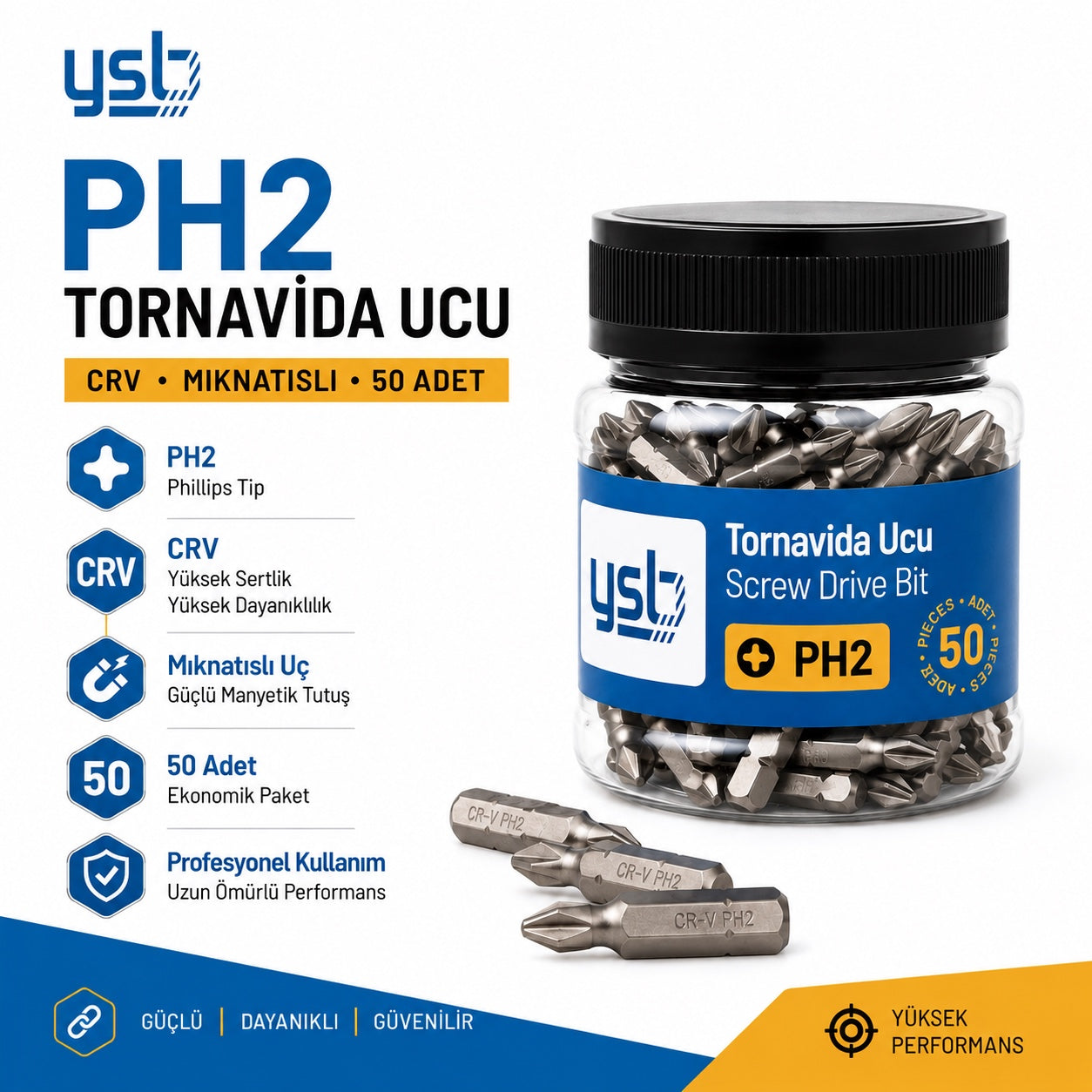 YSB Mıknatıslı Ph2 Yıldız Bits Uç 50 mm CRV Çelik Tornavida ve Vidalama Ucu 50'lİ Paket