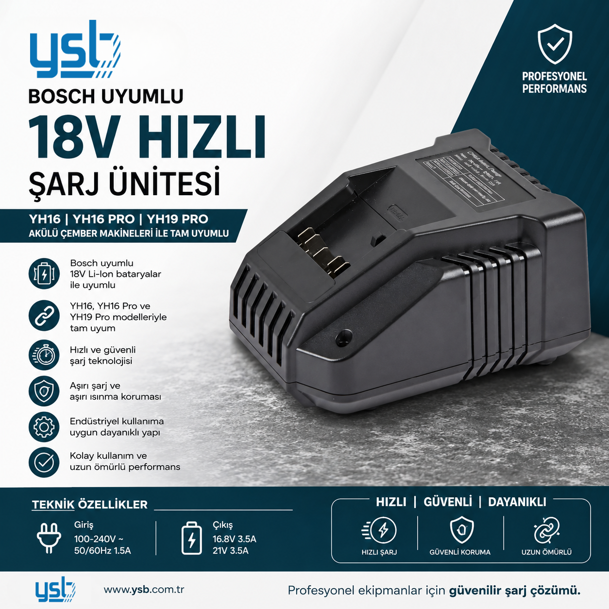 YSB Bosch Uyumlu 18V Hızlı Şarj Ünitesi | YH16, YH16 Pro ve YH19 Pro Akülü Çember Makineleri ile Uyumlu