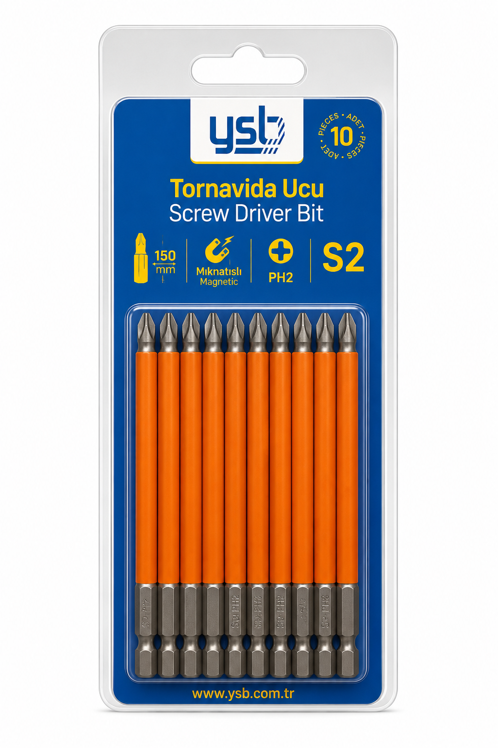 YSB Mıknatıslı Ph2 Yıldız Bits Uç 150 mm S2 Çelik Tornavida ve Vidalama Ucu 10'lu Paket