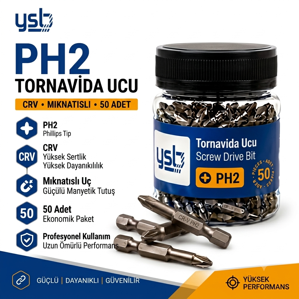 YSB Mıknatıslı Ph2 Yıldız Bits Uç 50 mm CRV Çelik Tornavida ve Vidalama Ucu 50'lİ Paket