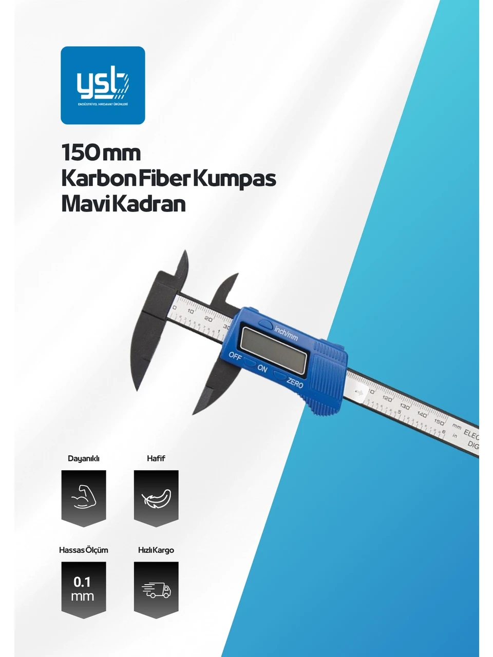 YSB 150 mm Karbon Fiber Dijital Kumpas - Mavi Kadran Profesyonel Seri