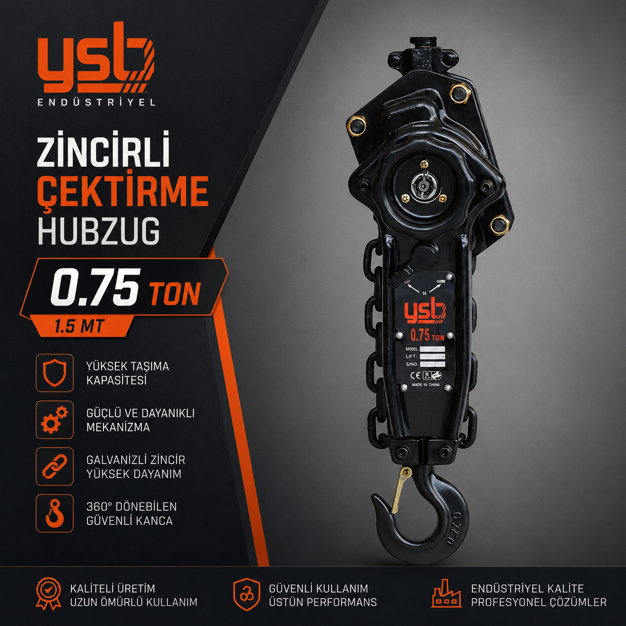 YSB 0.75 Ton (750 Kg) 1.5 Mt Zincirli Çektirme (Hubzug)