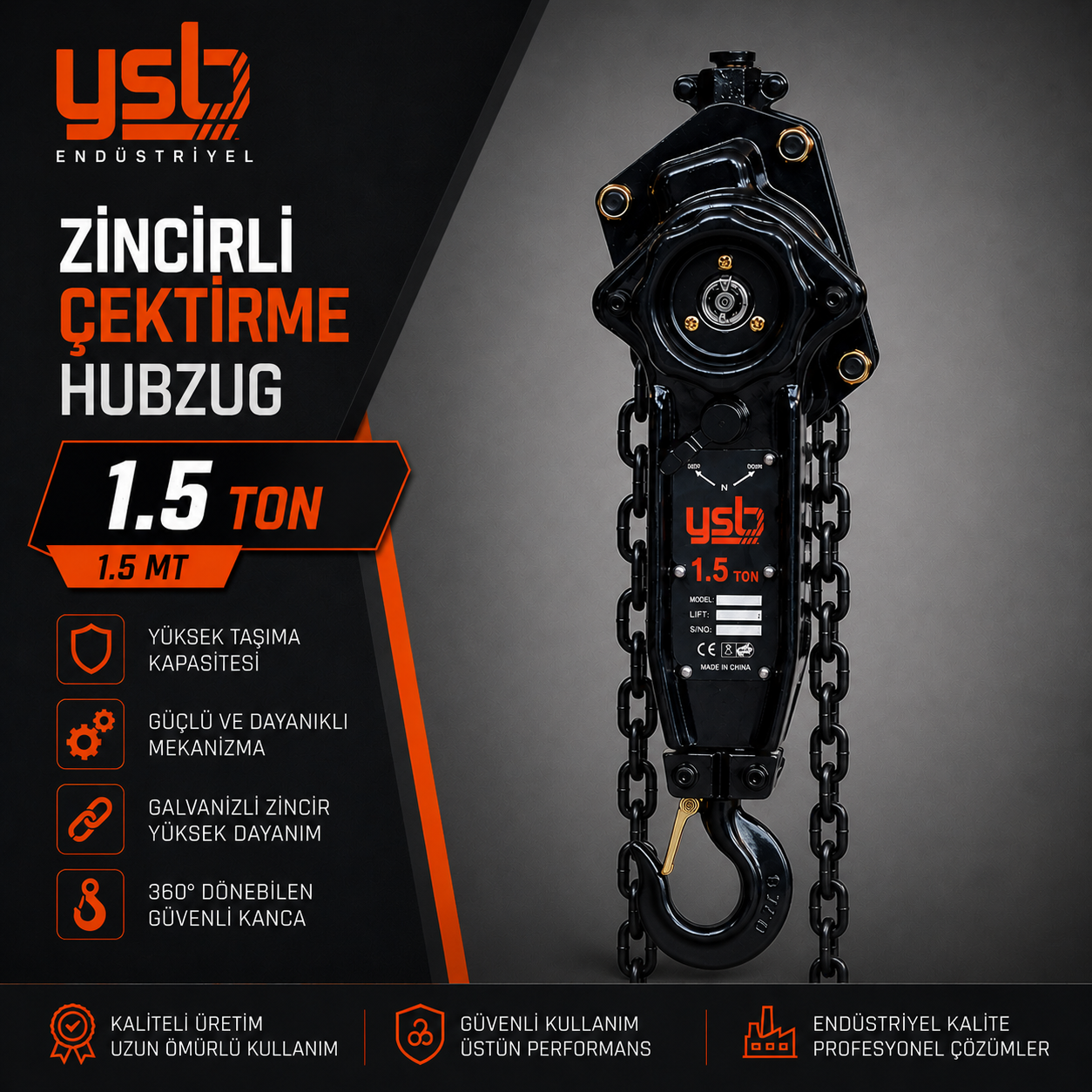 YSB 1.5 Ton (1500 Kg) 1.5 Mt Zincirli Çektirme (Hubzug)