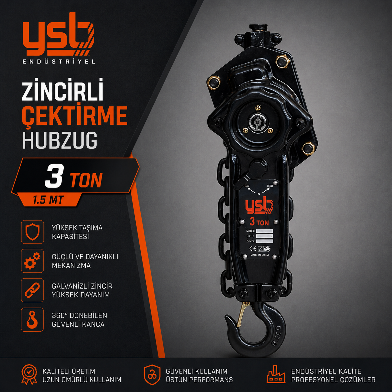 YSB 3 Ton (3000 Kg) 1,5 Mt Zincirli Çektirme (Hubzug)