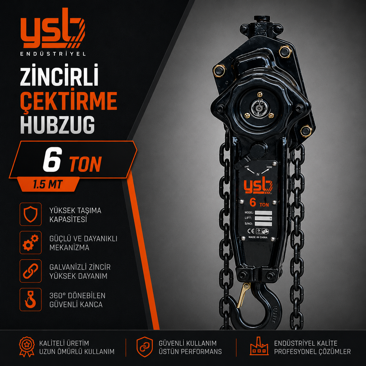 YSB 6 Ton (6000 Kg) 1,5 Mt Zincirli Çektirme (Hubzug)