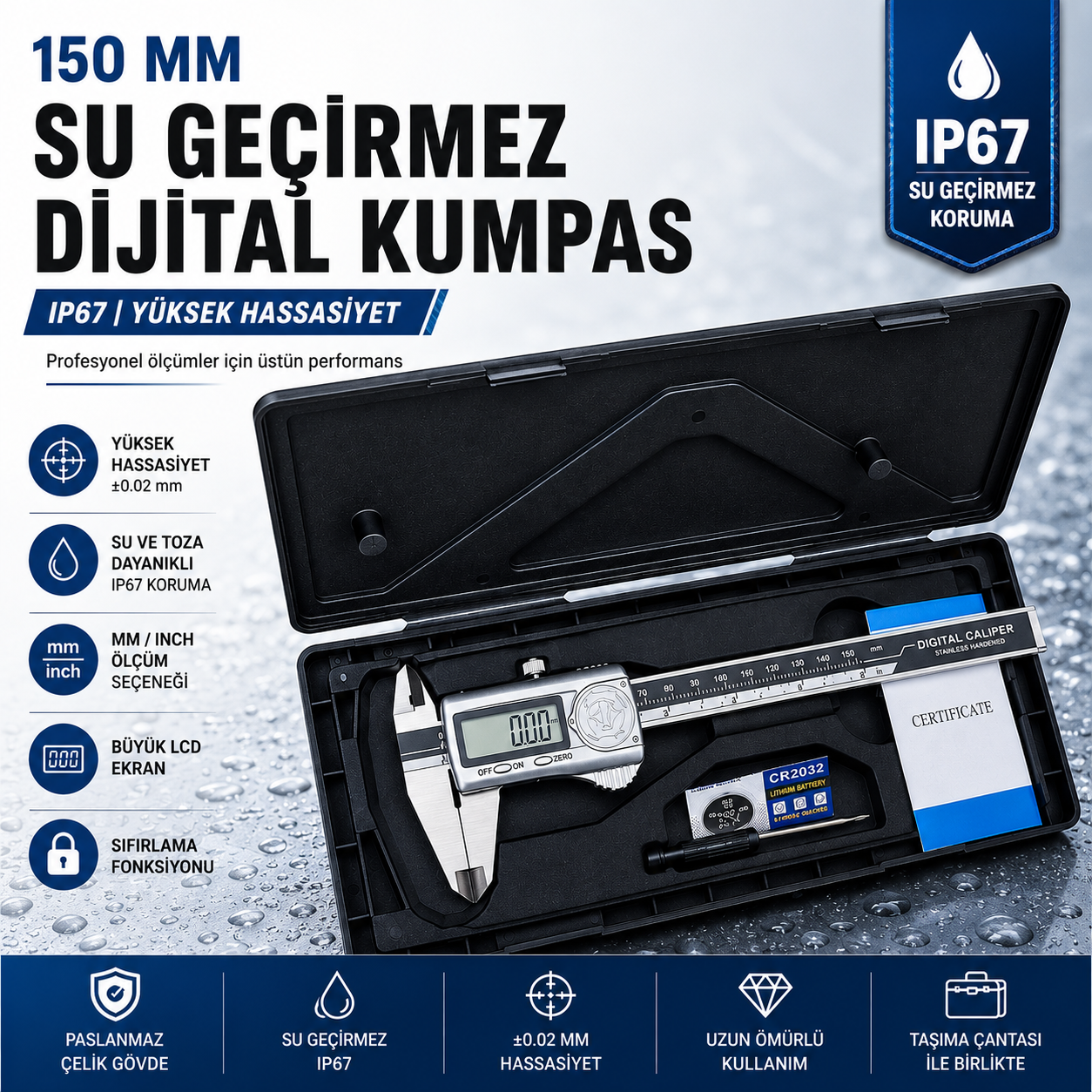 YSB 150 mm Su Geçirmez Dijital Kumpas IP67 Sertifikalı