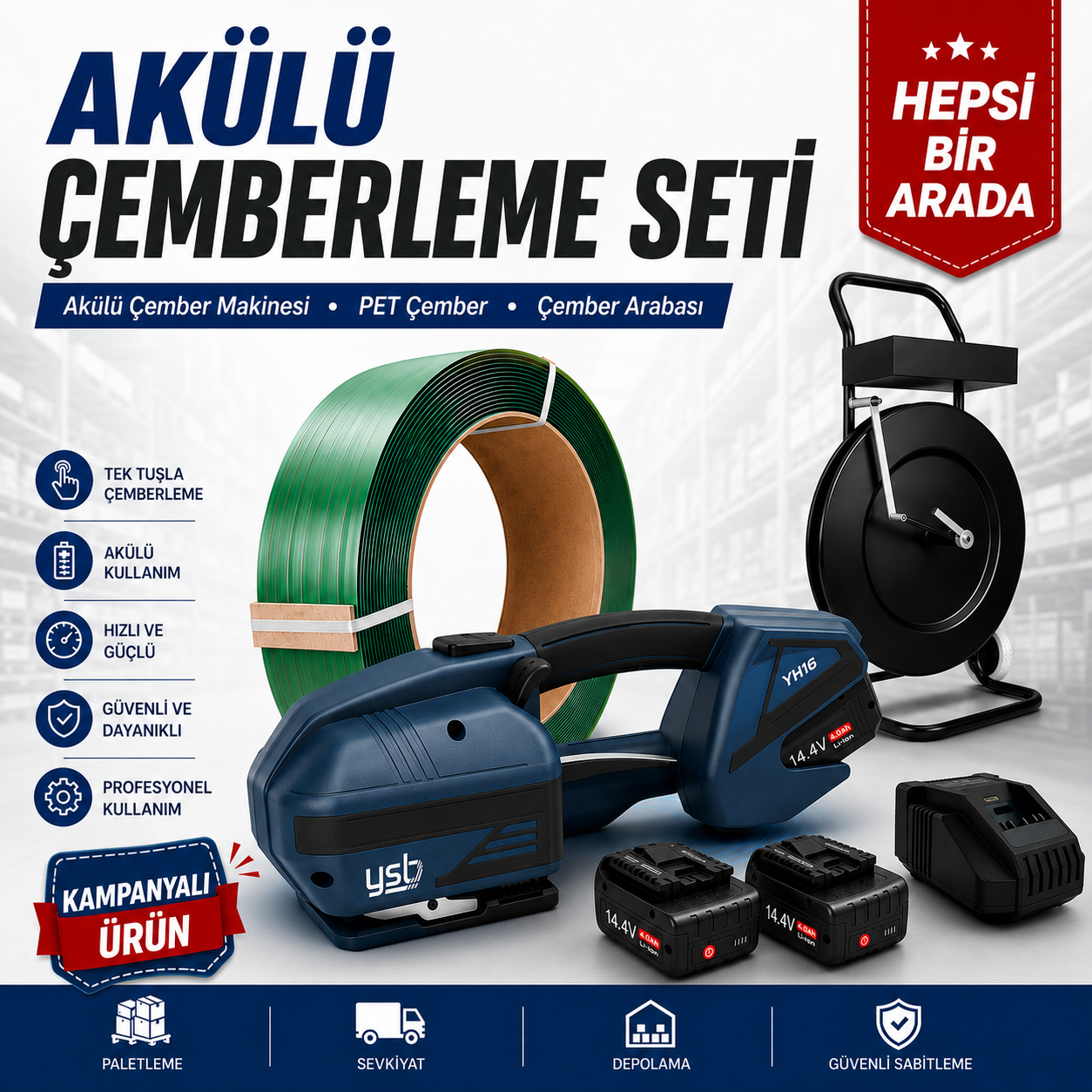 YSB YH16 Akülü Çemberleme Makinesi, Çember Arabası ve Polyester Çember Seti