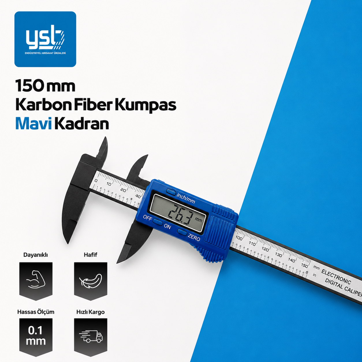 YSB 150 mm Karbon Fiber Dijital Kumpas - Mavi Kadran Profesyonel Seri